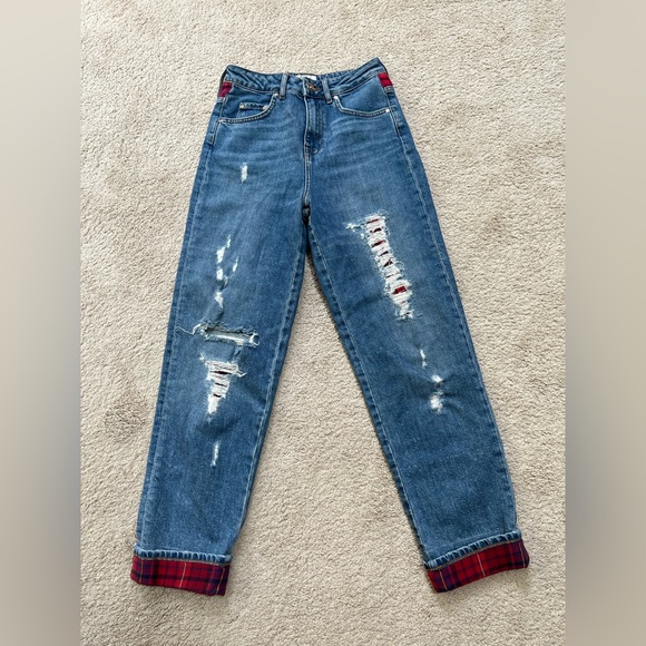 Rare Tommy Hilfiger Gigi Hadid Tartan Red Plaid Ripped Distressed Jeans Size 26 - Picture 1 of 6